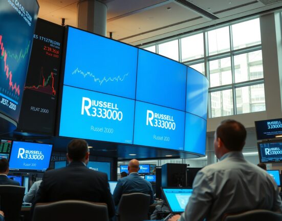 Trading floor with digital screens showing Russell 2000 and Russell 3000 indices data.