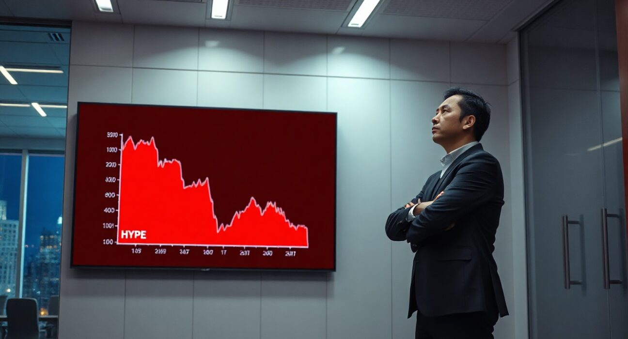 Financial analyst looking at a red downward chart showing HYPE token losses in a modern office