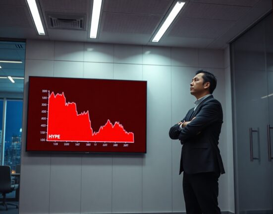 Financial analyst looking at a red downward chart showing HYPE token losses in a modern office
