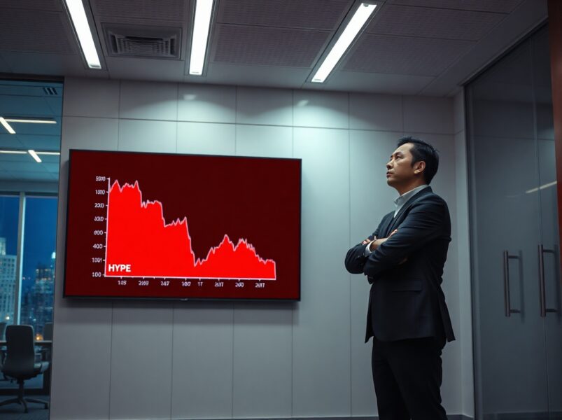 Financial analyst looking at a red downward chart showing HYPE token losses in a modern office