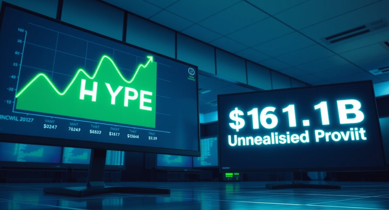 Financial data monitors showing Hyperliquid Strategies $1.1 billion unrealized profit chart