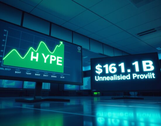 Financial data monitors showing Hyperliquid Strategies $1.1 billion unrealized profit chart