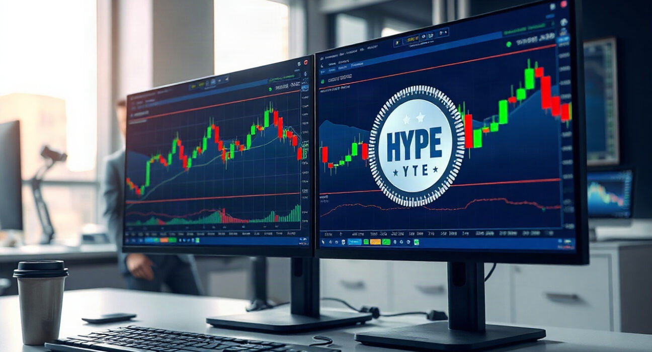 Trading desk with monitors showing crypto charts, representing Hyperliquid Strategy's expanded funding for HYPE purchases.
