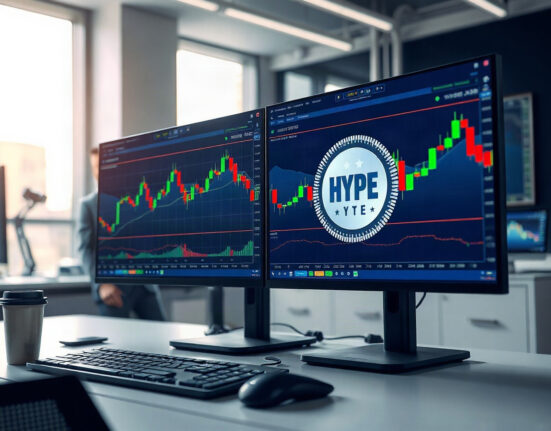 Trading desk with monitors showing crypto charts, representing Hyperliquid Strategy's expanded funding for HYPE purchases.
