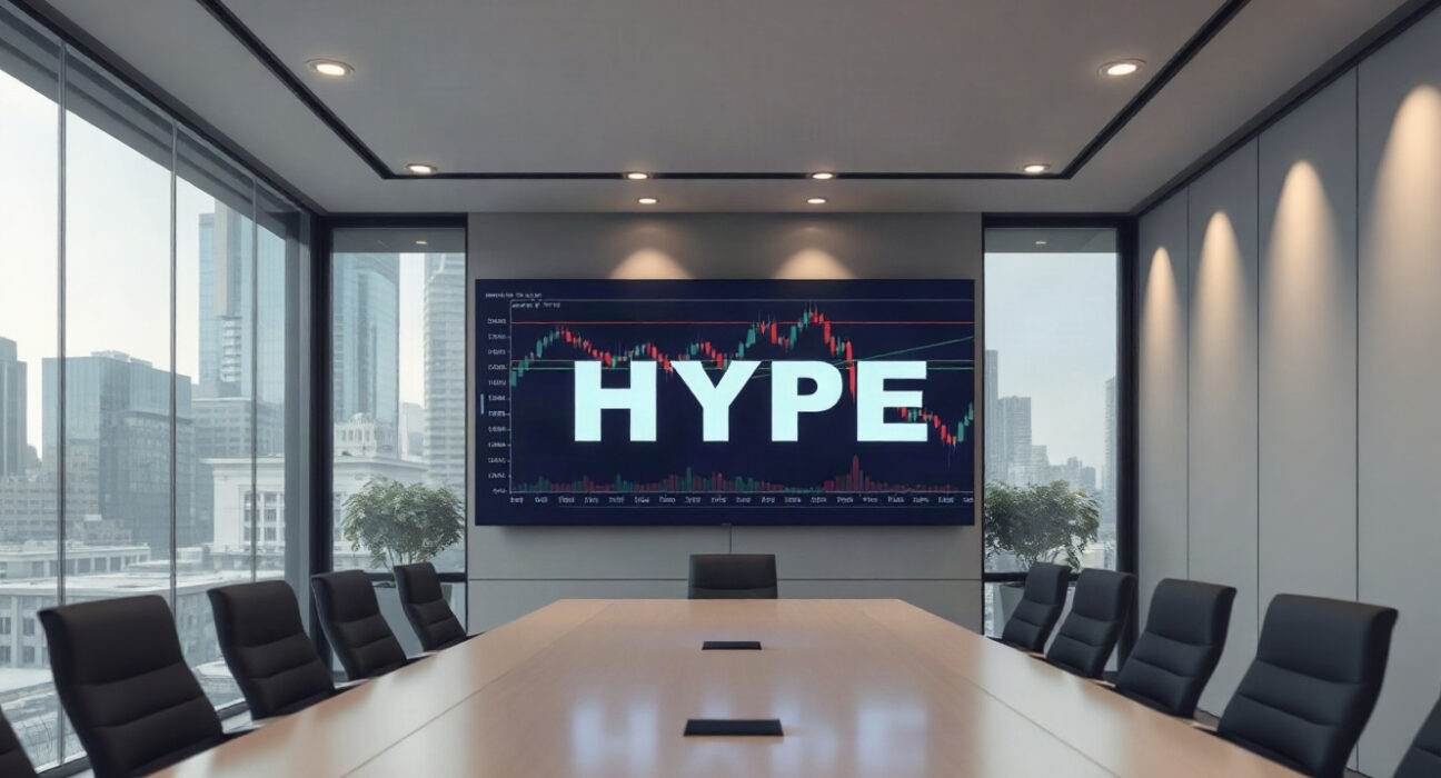 Hyperliquid Strategy corporate office with HYPE chart on digital display