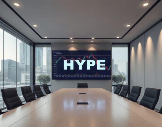 Hyperliquid Strategy corporate office with HYPE chart on digital display