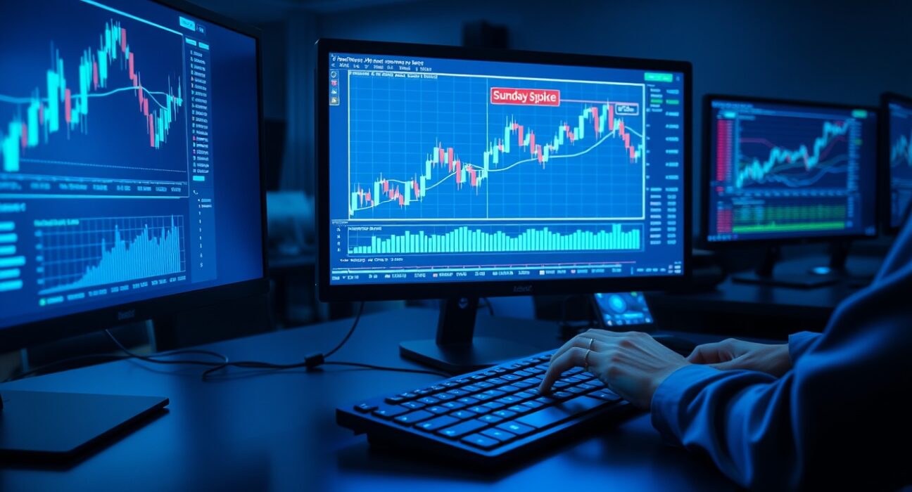 Cryptocurrency trading monitors showing Hyperliquid charts with elevated Sunday volume