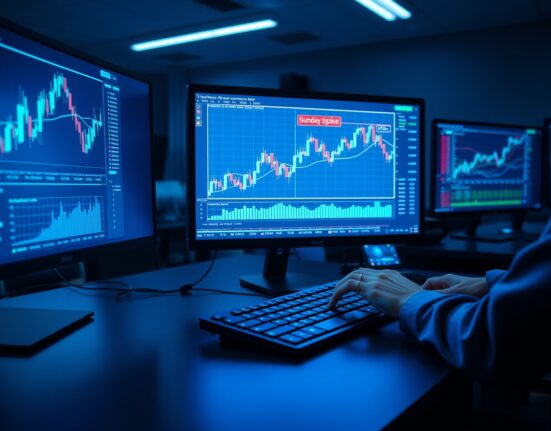 Cryptocurrency trading monitors showing Hyperliquid charts with elevated Sunday volume