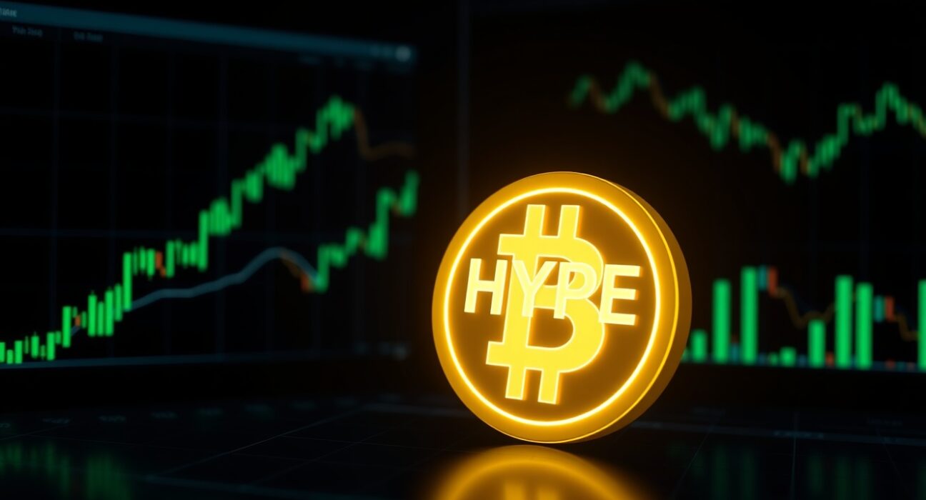 Hyperliquid token symbol on a trading dashboard with green upward-trending charts indicating bullish momentum.