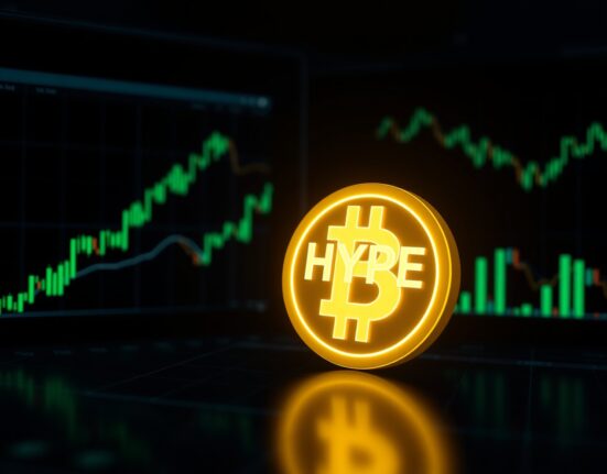 Hyperliquid token symbol on a trading dashboard with green upward-trending charts indicating bullish momentum.