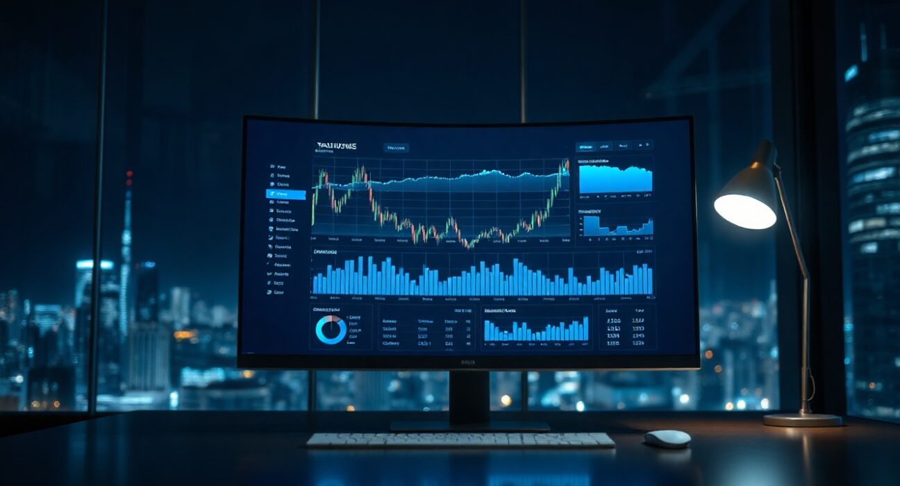 Trading dashboard showing volume charts on a monitor in a modern office