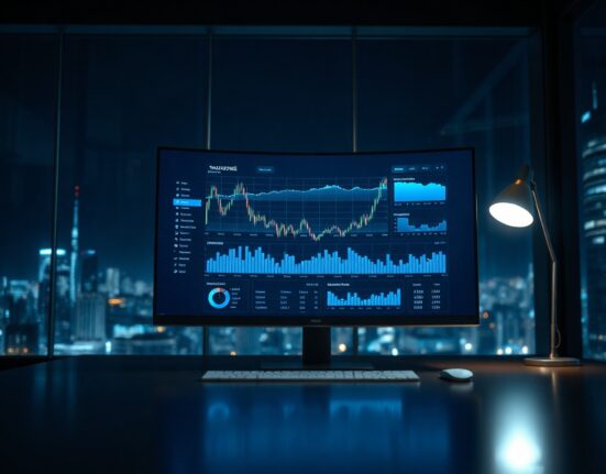 Trading dashboard showing volume charts on a monitor in a modern office