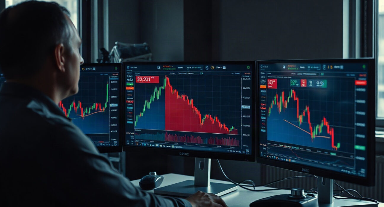 Trading desk with Bitcoin futures charts and a liquidation alert on screen