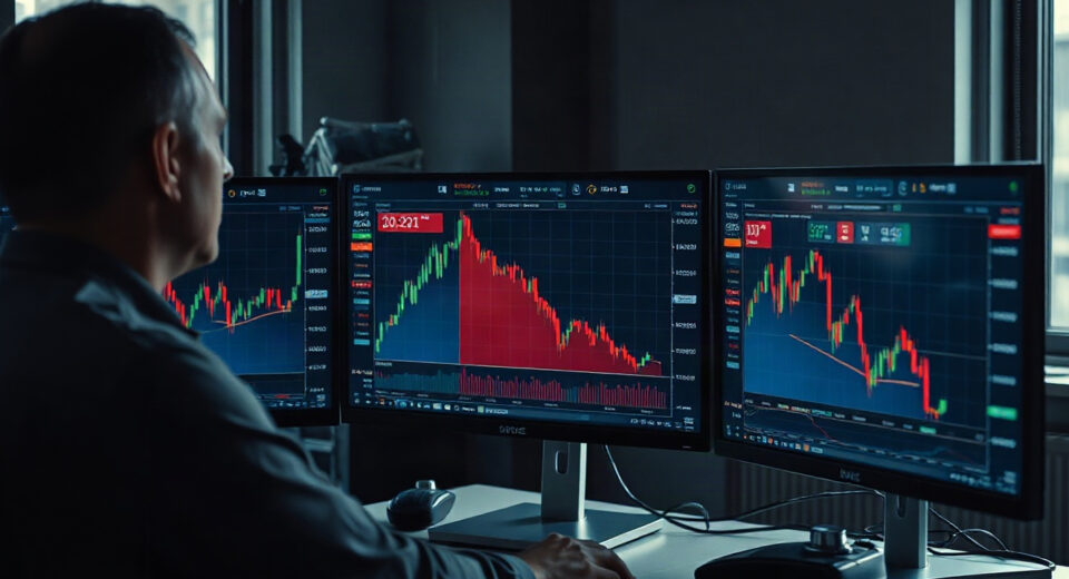Trading desk with Bitcoin futures charts and a liquidation alert on screen