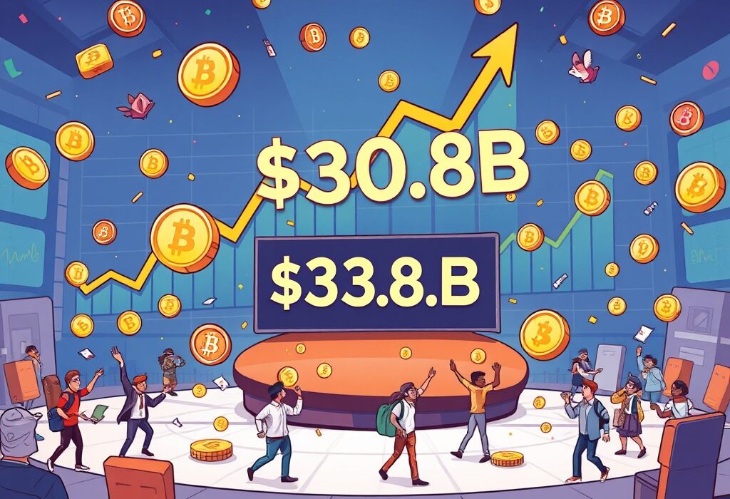 Cartoon illustration showing Hyperliquid trading volume surging past $300 billion, representing significant DeFi exchange growth.