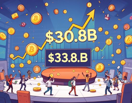 Cartoon illustration showing Hyperliquid trading volume surging past $300 billion, representing significant DeFi exchange growth.