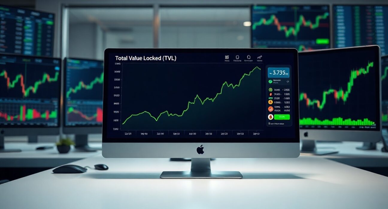 Digital dashboard showing rising Hyperliquid TVL chart with green upward trend