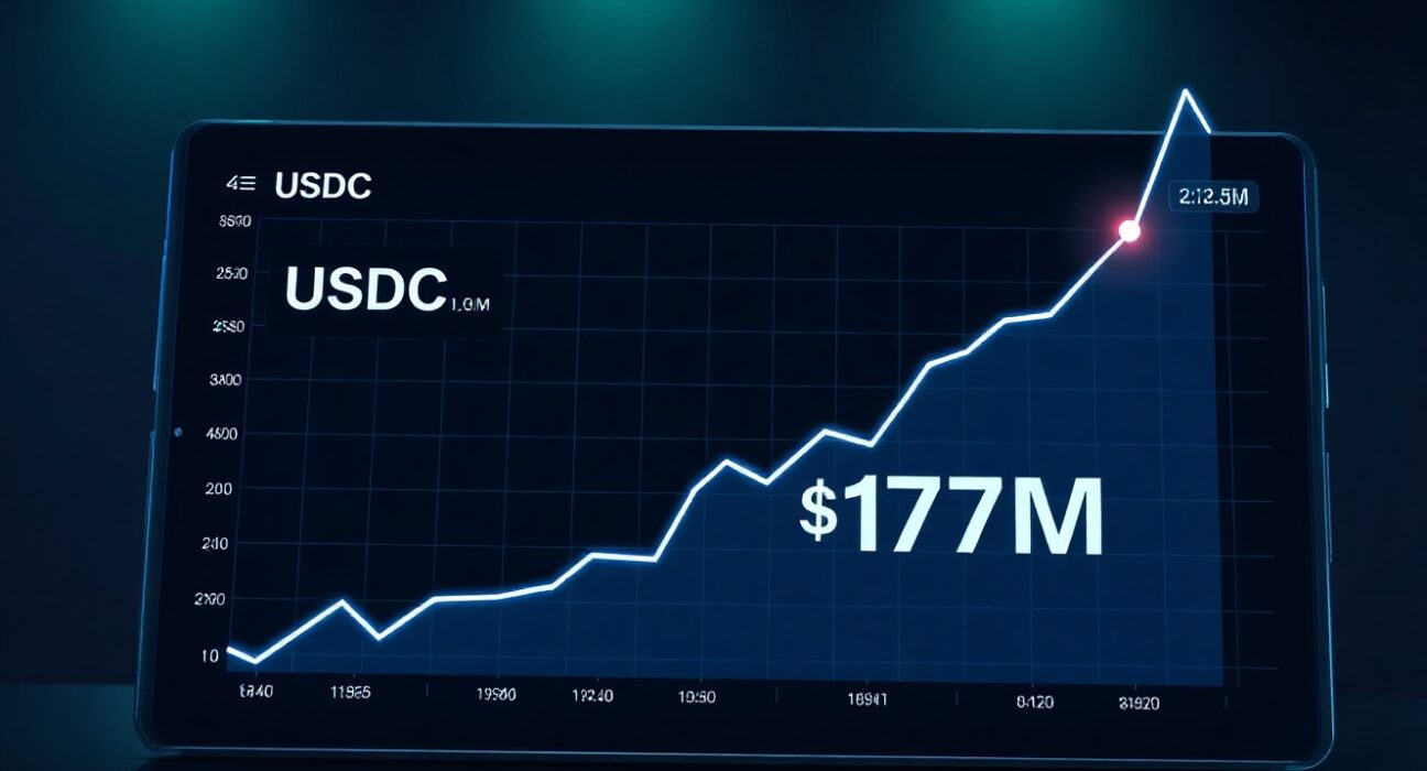 Digital dashboard showing a sharp upward spike in Hyperliquid USDC net inflow, representing a 10-month high.