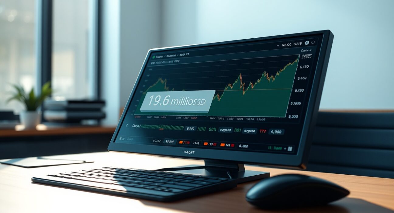 A digital wallet transaction for $19.6M USDC on Hyperliquid alongside a crude oil futures chart.