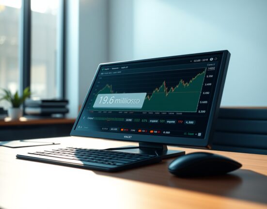 A digital wallet transaction for $19.6M USDC on Hyperliquid alongside a crude oil futures chart.