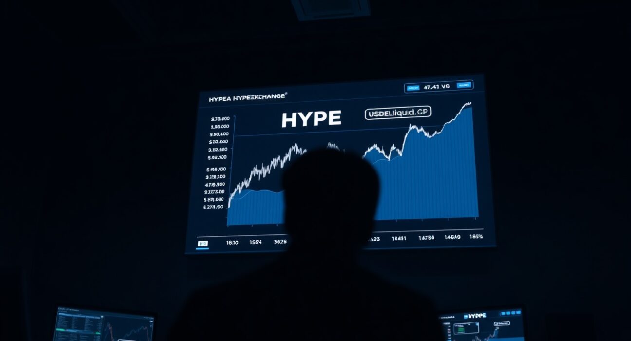 Hyperliquid trading interface with HYPE chart and USDC integration in a modern office
