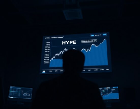 Hyperliquid trading interface with HYPE chart and USDC integration in a modern office