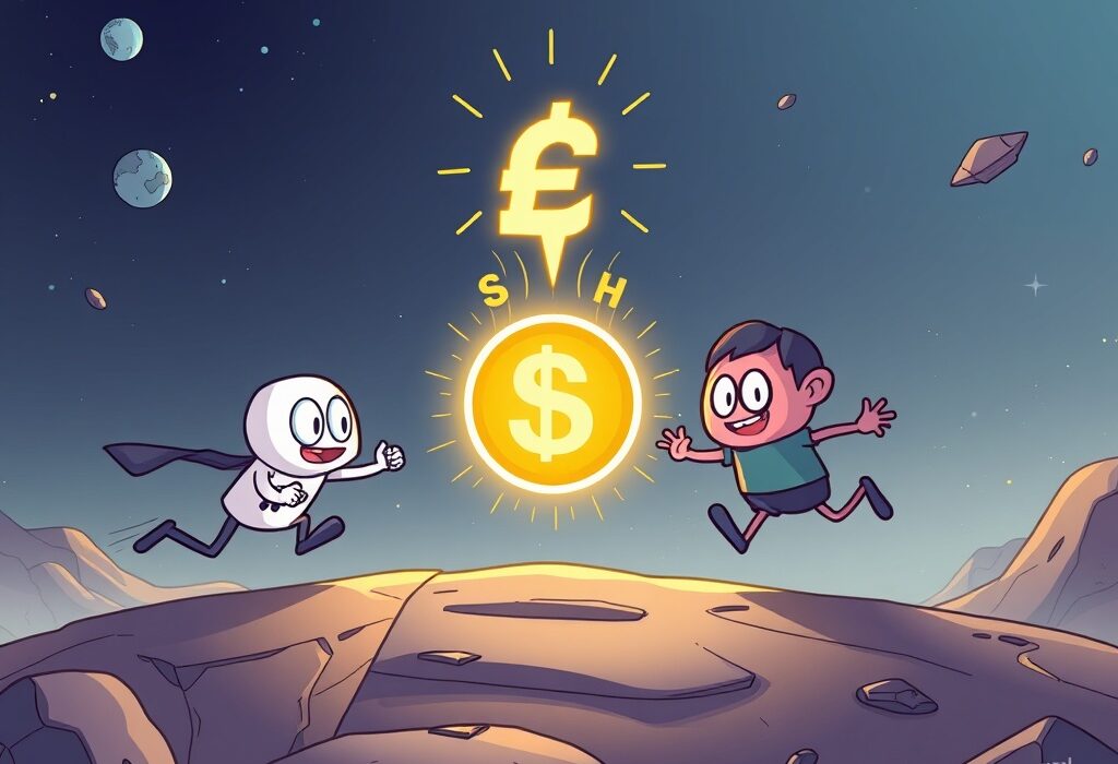 Cartoon illustration of three entities competing to issue the Hyperliquid USDH stablecoin, symbolizing the intense race in DeFi.