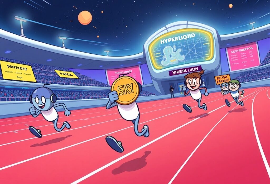 A cartoon depicting Sky (formerly MakerDAO) competing to issue the Hyperliquid USDH stablecoin, highlighting the fierce DeFi race.