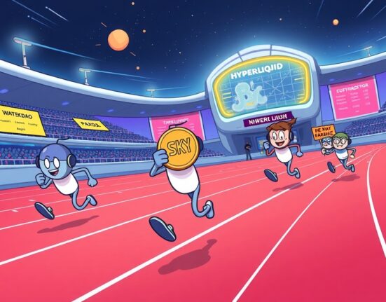 A cartoon depicting Sky (formerly MakerDAO) competing to issue the Hyperliquid USDH stablecoin, highlighting the fierce DeFi race.