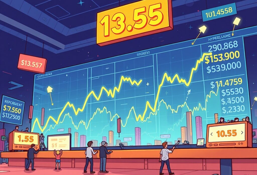 Cartoon illustration depicting soaring Hyperliquid volume and fee revenue on a decentralized exchange, symbolizing record-breaking crypto trading success.