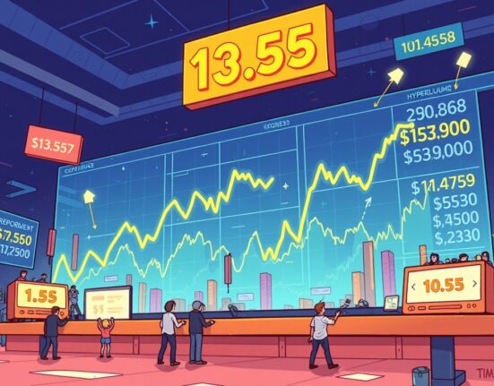 Cartoon illustration depicting soaring Hyperliquid volume and fee revenue on a decentralized exchange, symbolizing record-breaking crypto trading success.