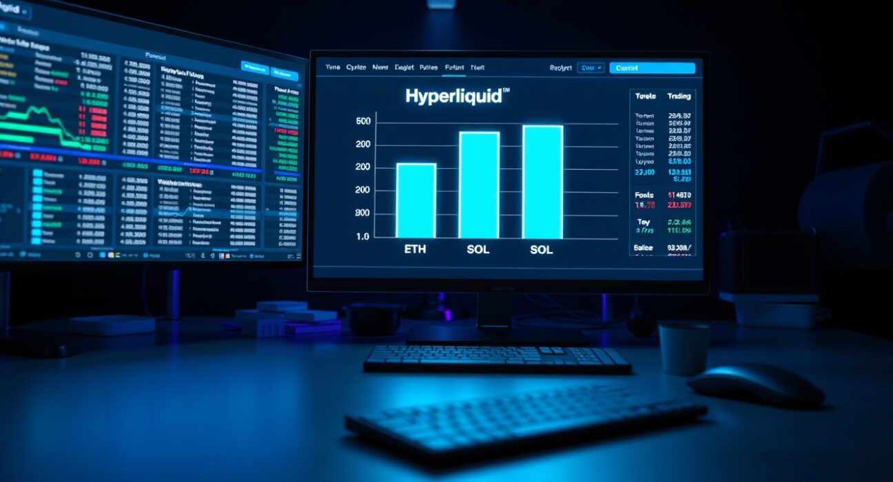 Digital trading dashboard showing Hyperliquid fee market share chart compared to Ethereum and Solana