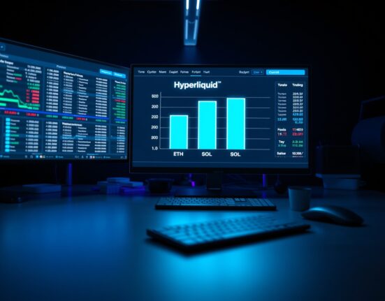 Digital trading dashboard showing Hyperliquid fee market share chart compared to Ethereum and Solana