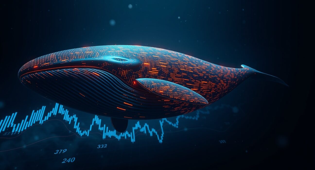 Digital whale swimming through financial data streams representing a large crypto trade