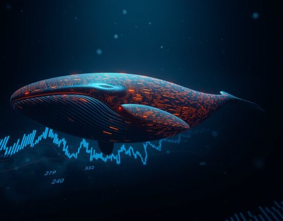 Digital whale swimming through financial data streams representing a large crypto trade