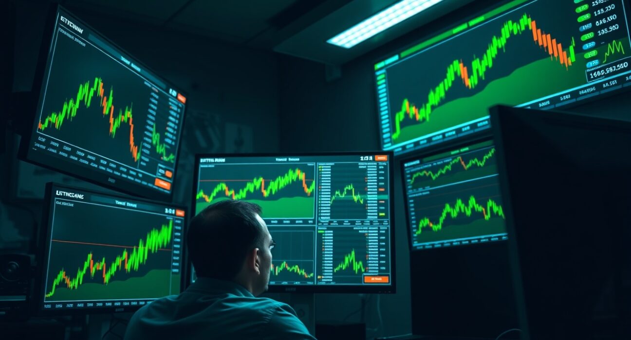 Trader monitors Bitcoin and Ethereum price charts showing a rally, with a $19.6 million unrealized loss on short positions.