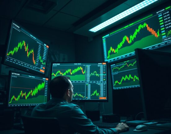 Trader monitors Bitcoin and Ethereum price charts showing a rally, with a $19.6 million unrealized loss on short positions.