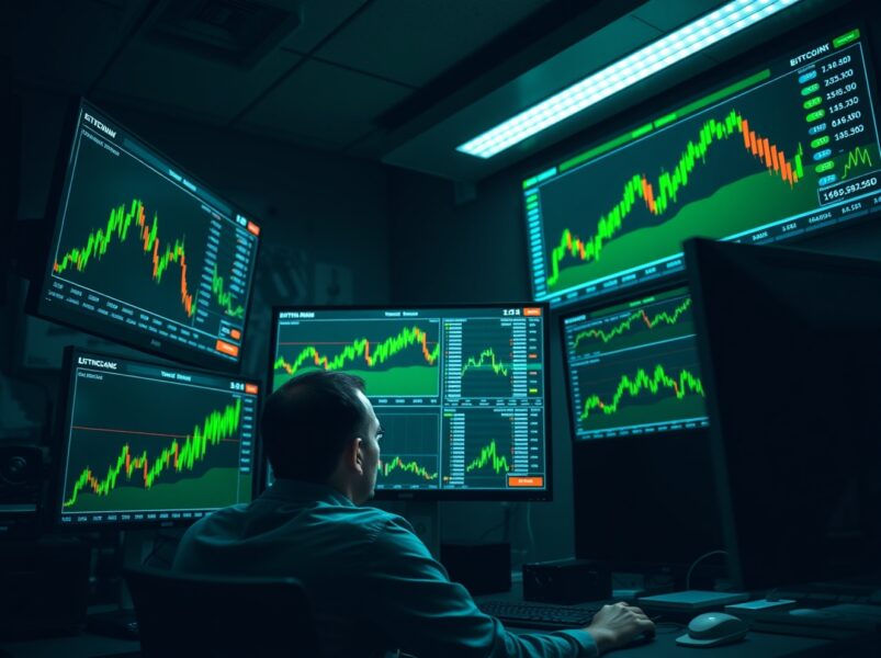 Trader monitors Bitcoin and Ethereum price charts showing a rally, with a $19.6 million unrealized loss on short positions.