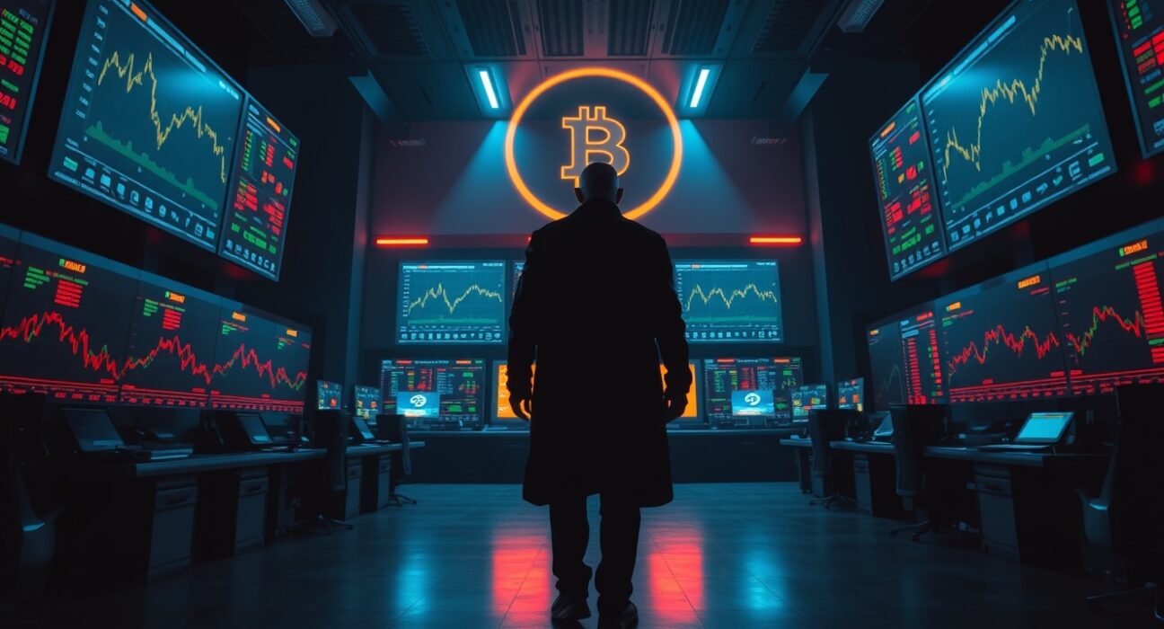 A shadowy whale figure monitoring Bitcoin charts on multiple screens in a dark trading room, representing a large leveraged position.