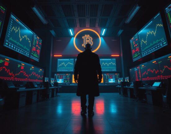 A shadowy whale figure monitoring Bitcoin charts on multiple screens in a dark trading room, representing a large leveraged position.