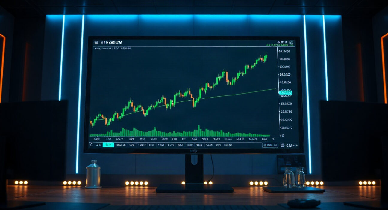 Trading screen showing bullish Ethereum chart on a professional trading desk