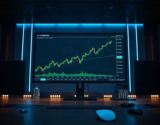 Trading screen showing bullish Ethereum chart on a professional trading desk