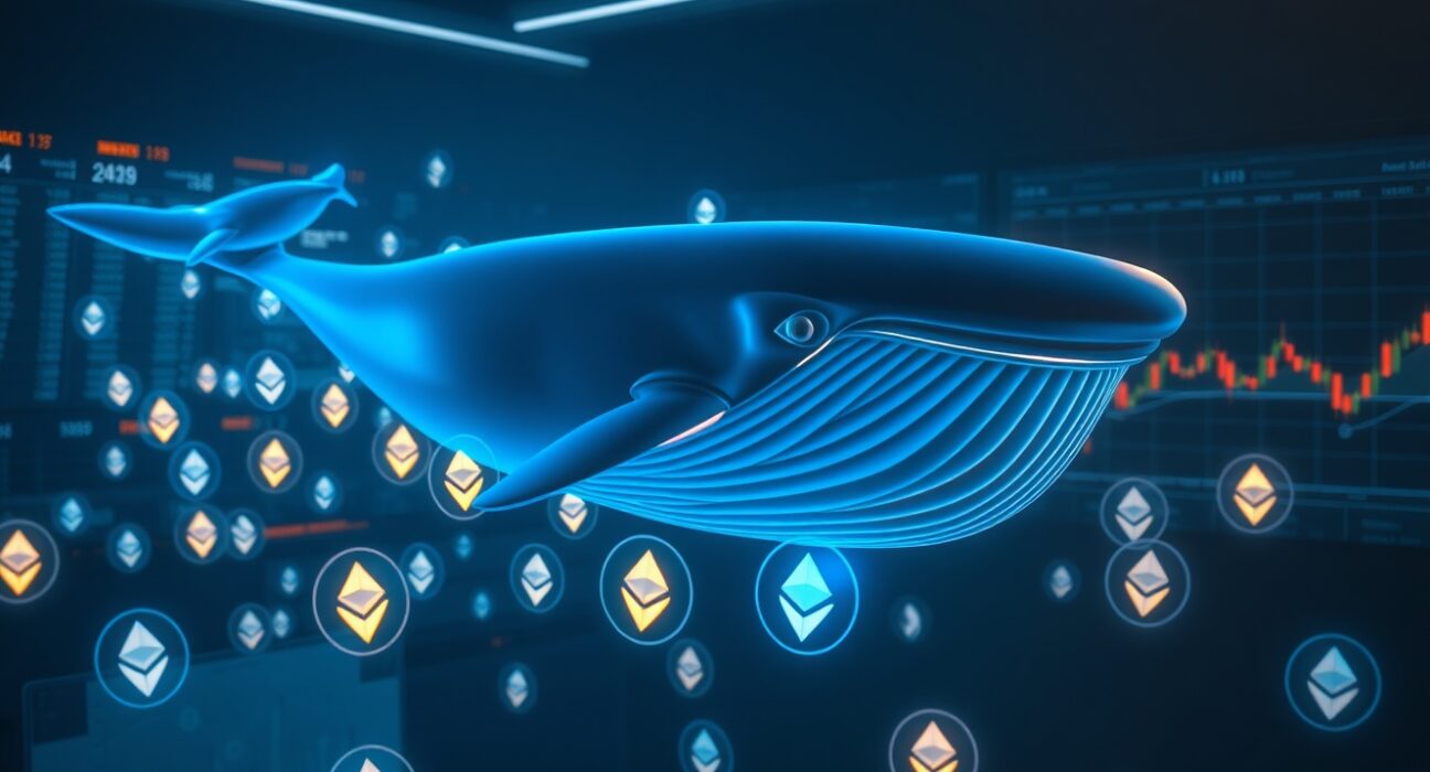 A digital whale swimming through a sea of Ethereum logos and trading charts, representing a large crypto trader on Hyperliquid.
