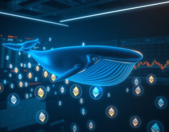 A digital whale swimming through a sea of Ethereum logos and trading charts, representing a large crypto trader on Hyperliquid.