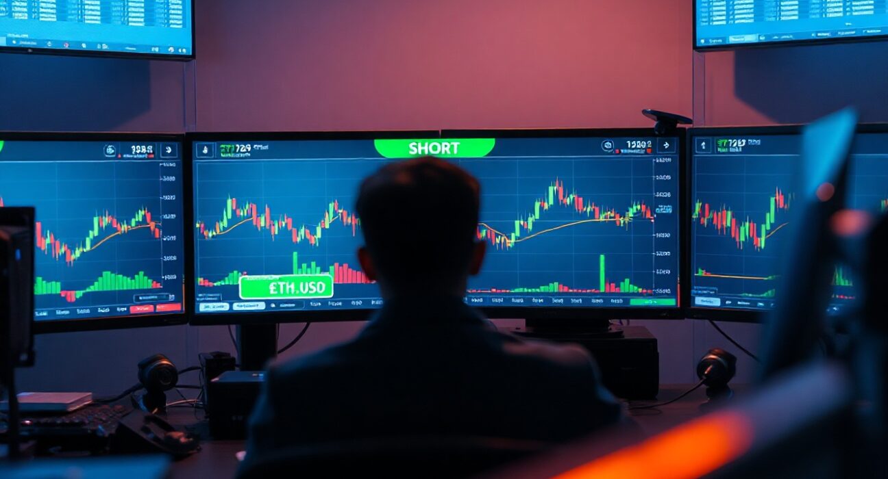 Trader at desk monitoring Ethereum short position on multiple screens in a modern financial office