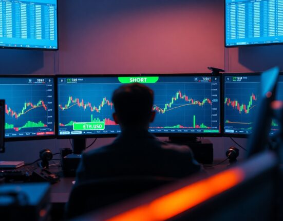 Trader at desk monitoring Ethereum short position on multiple screens in a modern financial office
