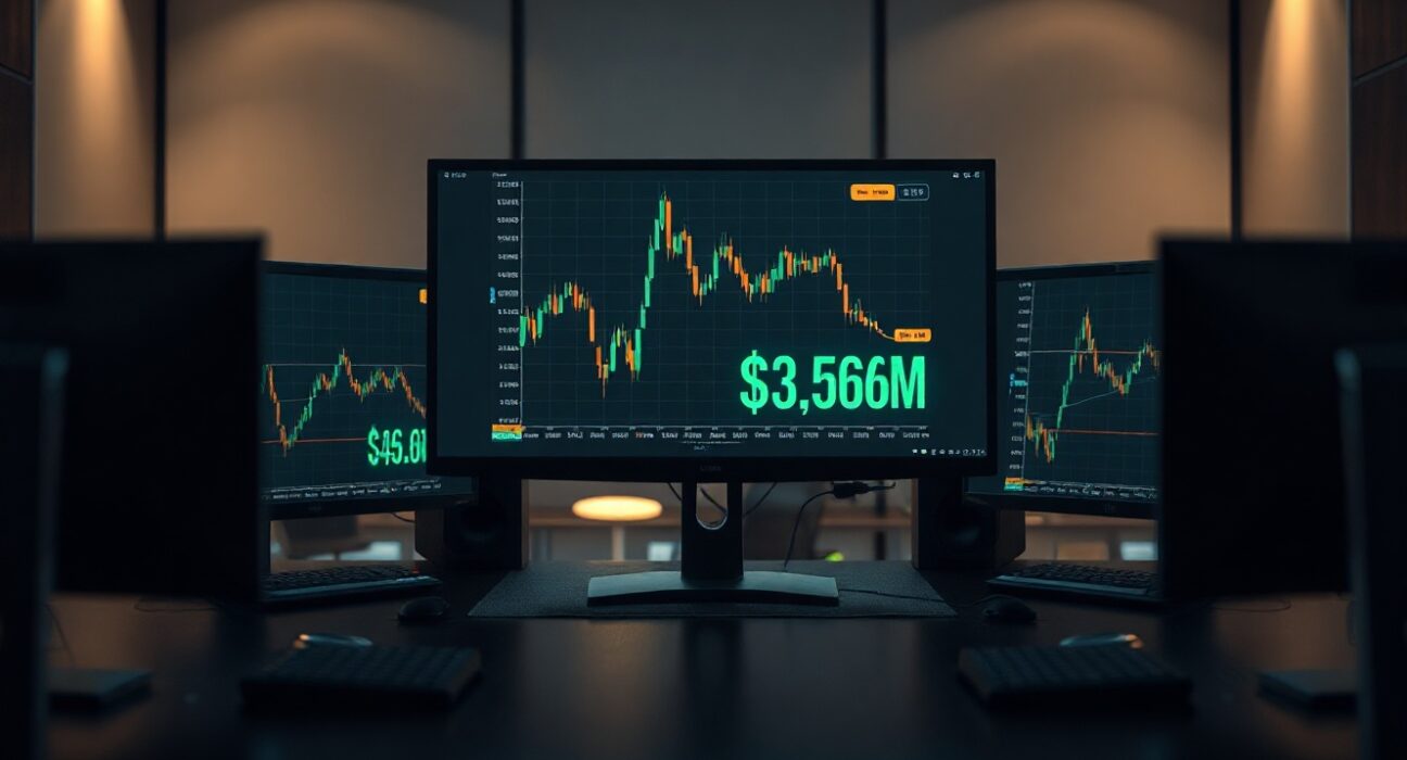 Cryptocurrency trading monitors showing a Bitcoin chart with a $3.56 million profit figure
