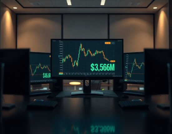 Cryptocurrency trading monitors showing a Bitcoin chart with a $3.56 million profit figure