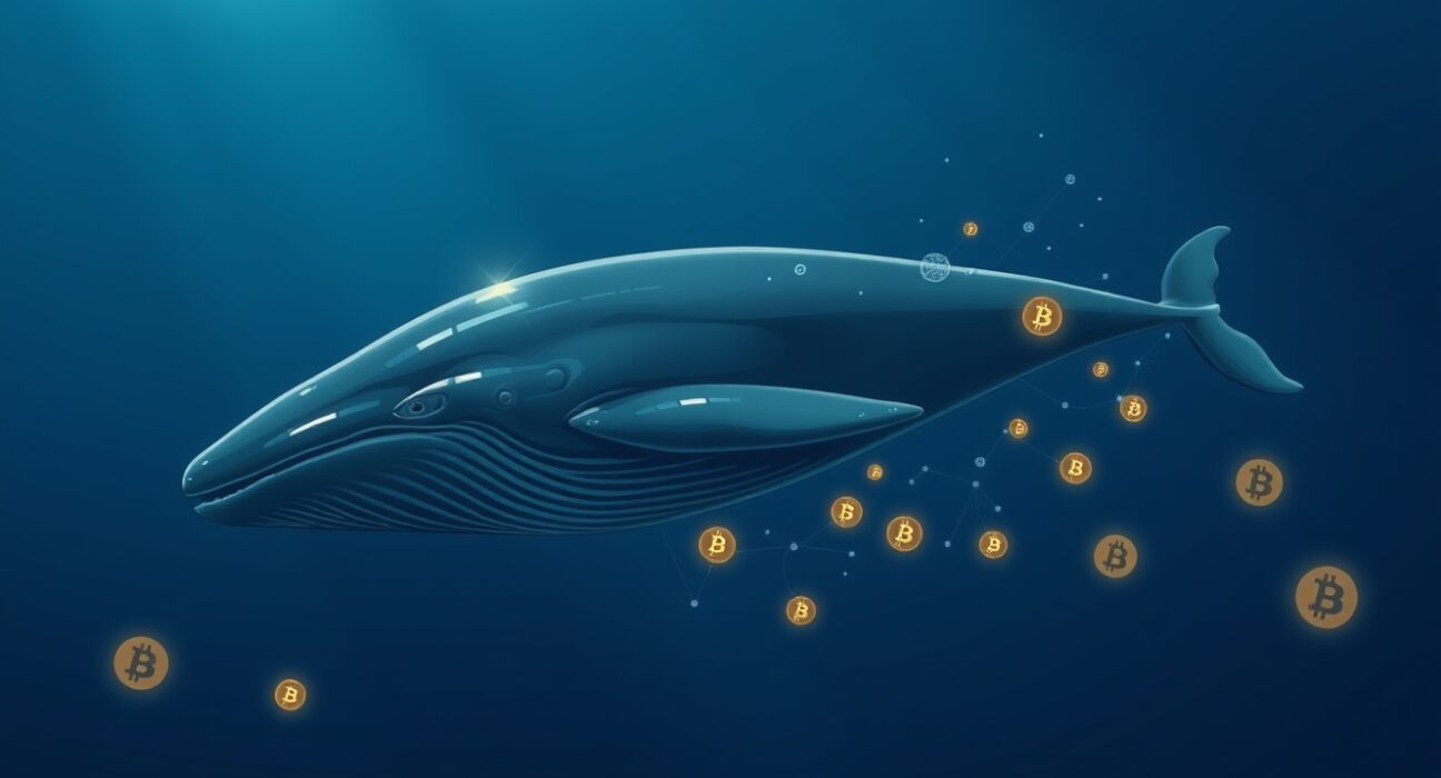 A Hyperliquid whale's massive Bitcoin short position symbolized by a powerful whale in deep waters.