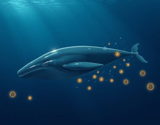 A Hyperliquid whale's massive Bitcoin short position symbolized by a powerful whale in deep waters.